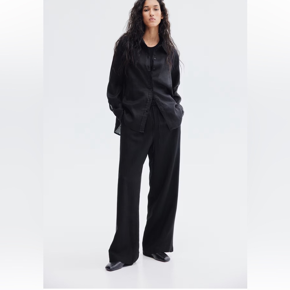 H&M Black Linen Wide-Leg Pants